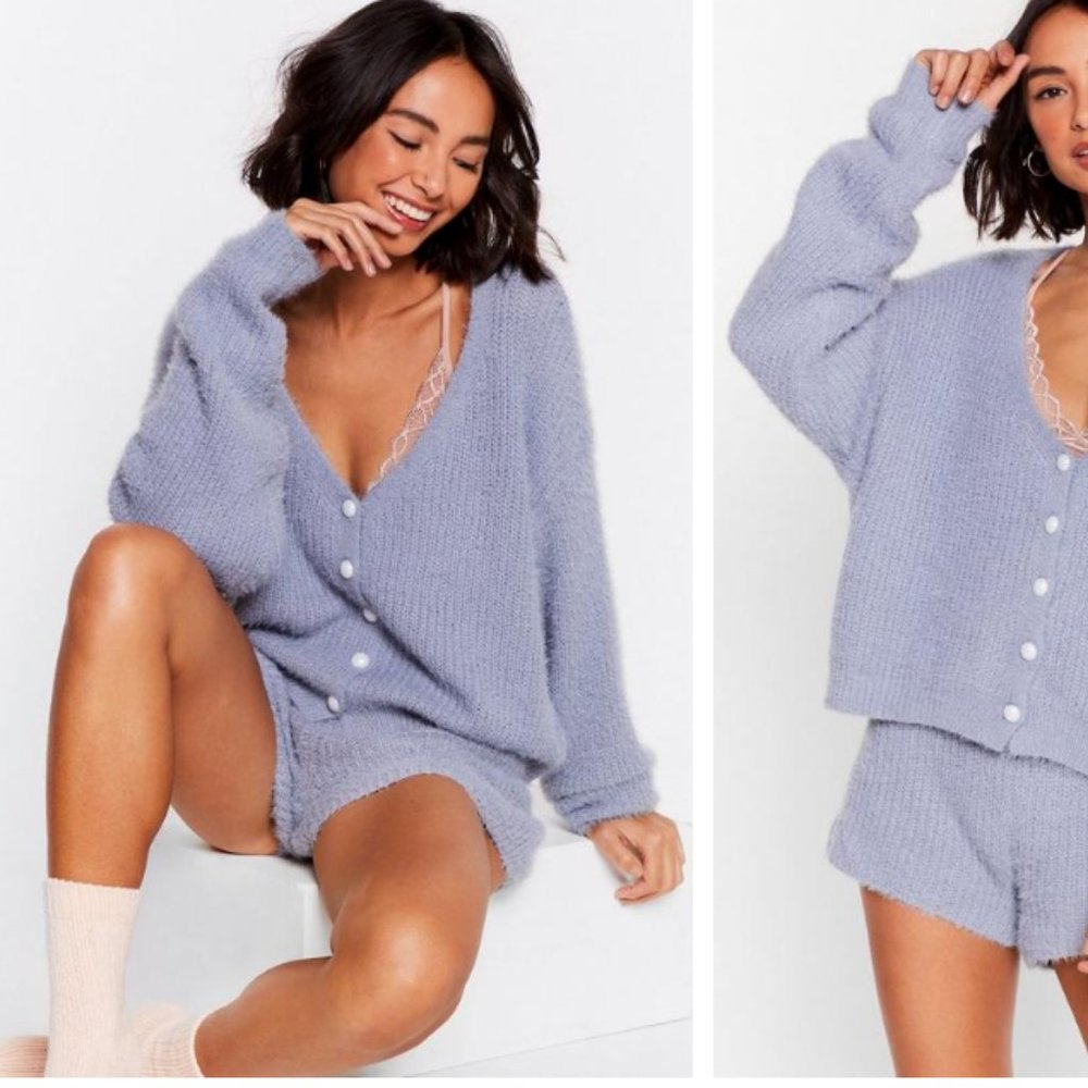 Nasty Gal Fluffy Knit Pearl Button Lounge Set